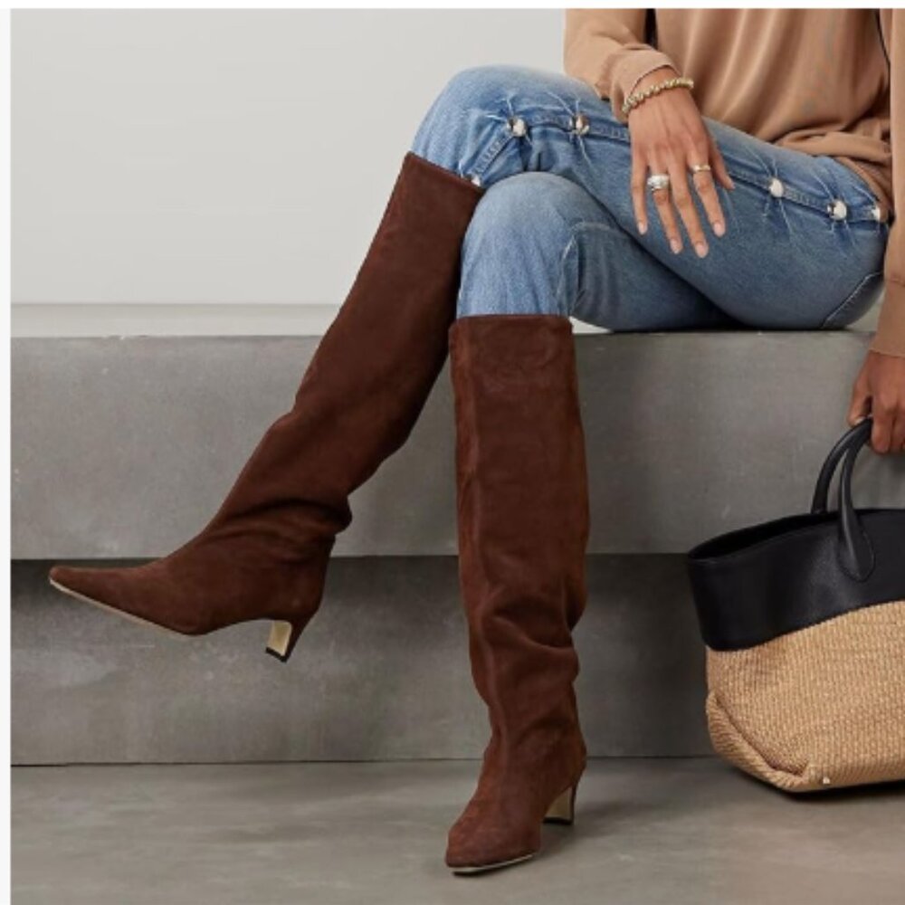 Dark Brown Women Comfortable Low Heel Pull on Stylish Square Toe Knee High Boots